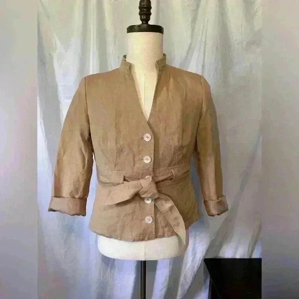 EUC Calvin Klein Women’s Tan Jacket. Size 10. Button And Waist Tie.